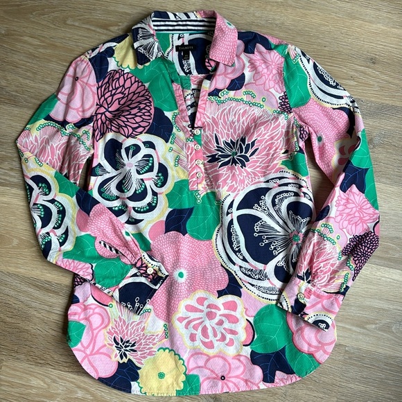 Talbots Tops - TALBOTS FLORAL PRINT popover blouse BUTTON FRONT PINK/BLUE BLOUSE SIZE XS cotton